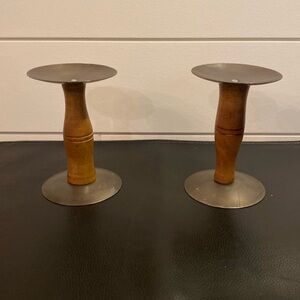 Handcrafted Wood & Metal Candle Holder Decor Set Of 2 Mid Century Modern Rustic